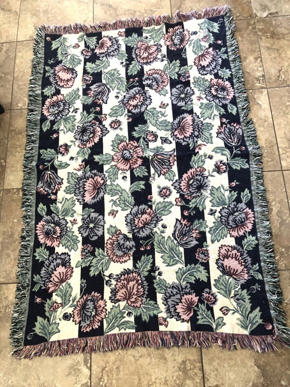 Vintage 90s Floral Stripe Woven Tapestry Throw Blanket Pink Flowers Fringe 45x68